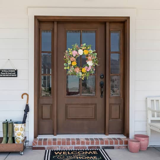 26" Pink & Yellow Rose & Hydrangea Floral Spring Wreath
